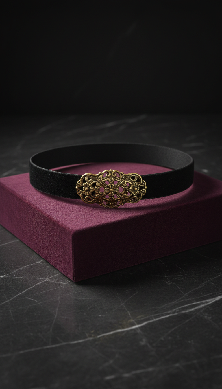 Obsidian Velvet Choker With Antique Gold Accent